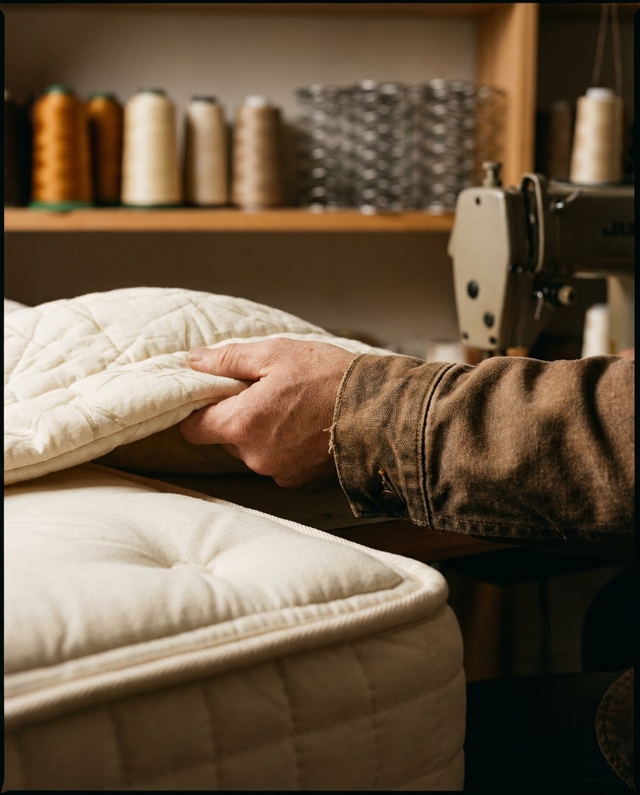 Mains d'un artisan matelassier ajustant un dessus piqué ivoire dans l'atelier, bobines de fil et ressorts en arrière-plan