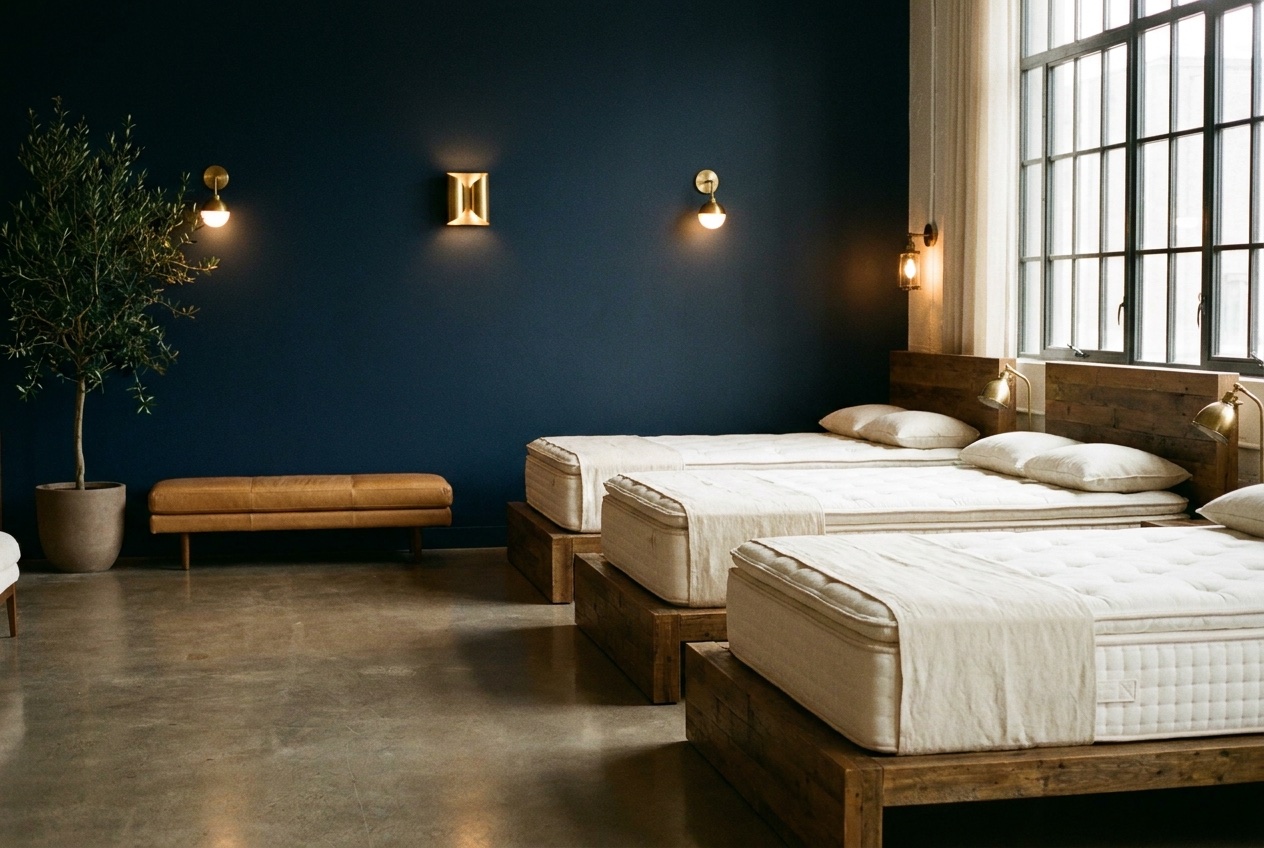 Salle de montre : matelas sur bases de bois devant un mur bleu nuit avec appliques en laiton